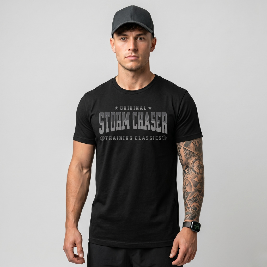 Man wearing a black 'Original Storm Chaser Training Classics' t-shirt