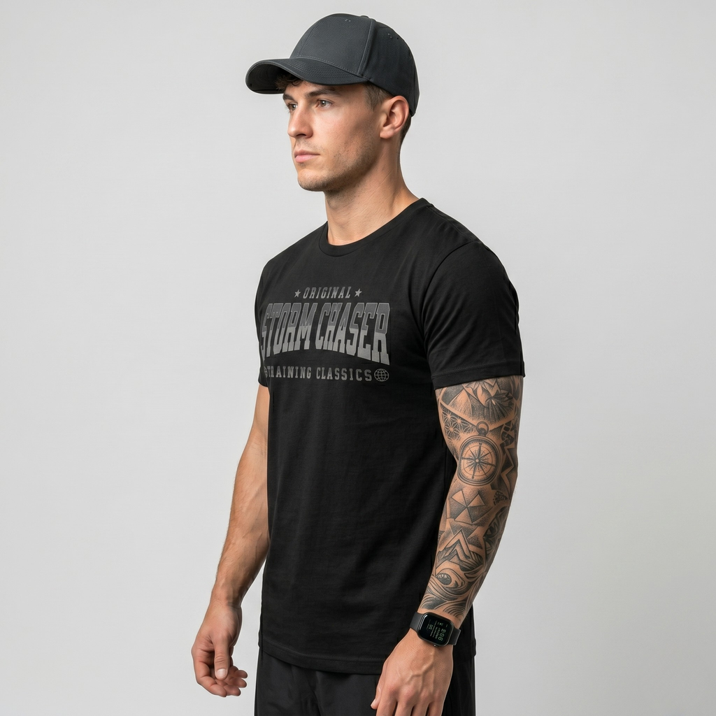 Man wearing a black t-shirt with 'Storm Chaser' text and a cap on a gray background