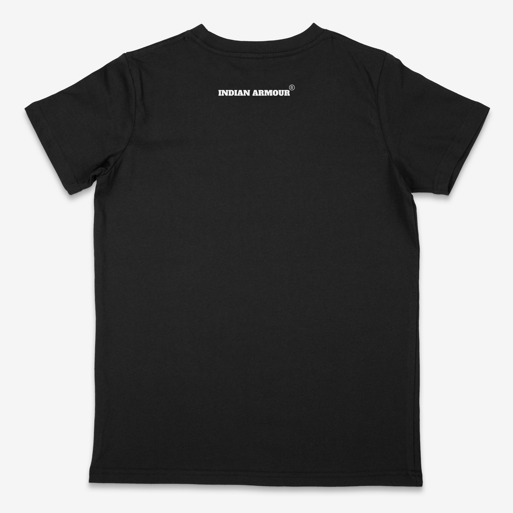A dark navy blue short-sleeve t-shirt shown from the back, featuring the white 'INDIAN ARMOUR' brand logo printed across the upper back, set against a clean off-white background.