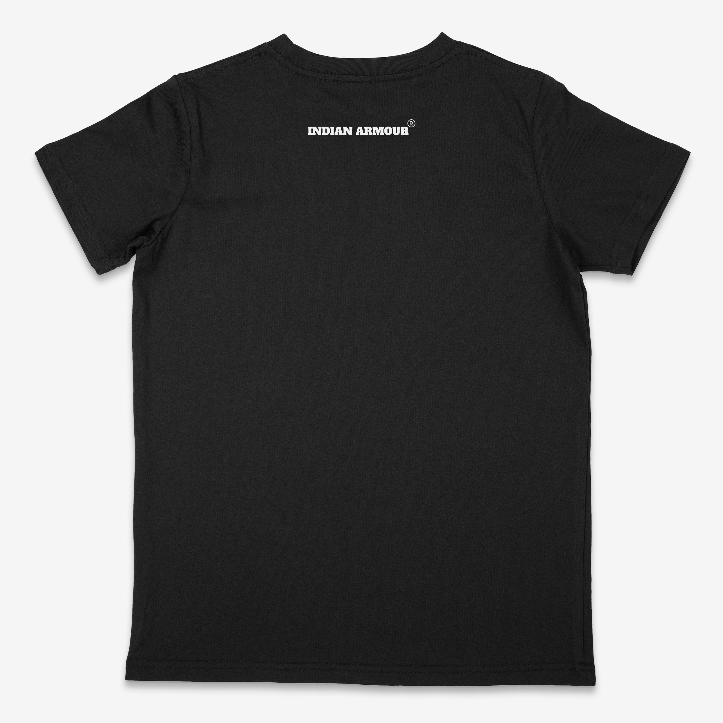 A dark navy blue short-sleeve t-shirt shown from the back, featuring the white 'INDIAN ARMOUR' brand logo printed across the upper back, set against a clean off-white background.