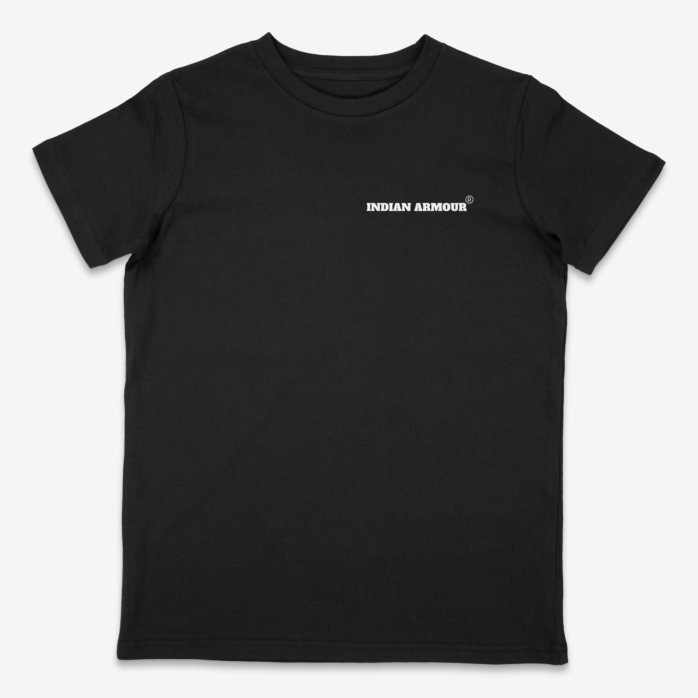 A black short-sleeve crewneck t-shirt with a small white 'INDIAN ARMOUR' logo printed on the left chest, displayed flat against a light gray background.