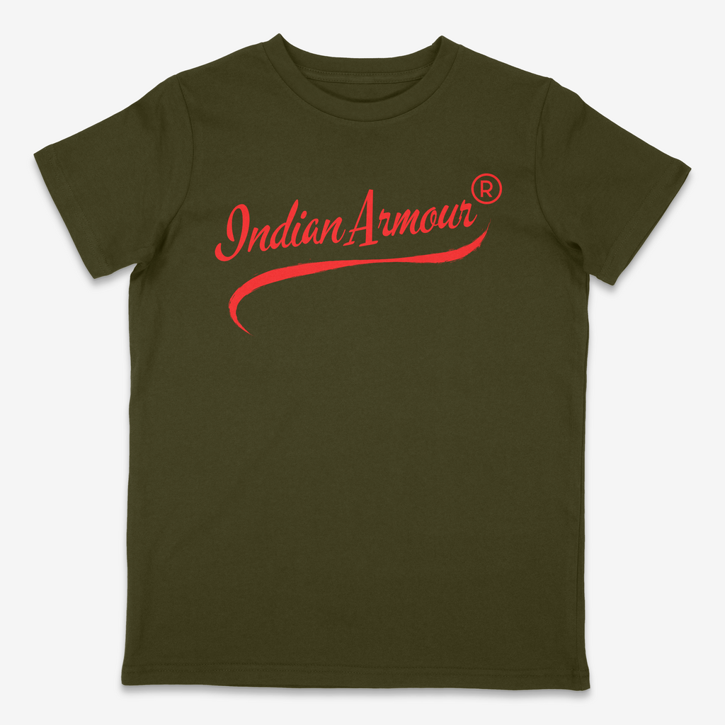 Green t-shirt with red 'Indian Armour' logo on a white background